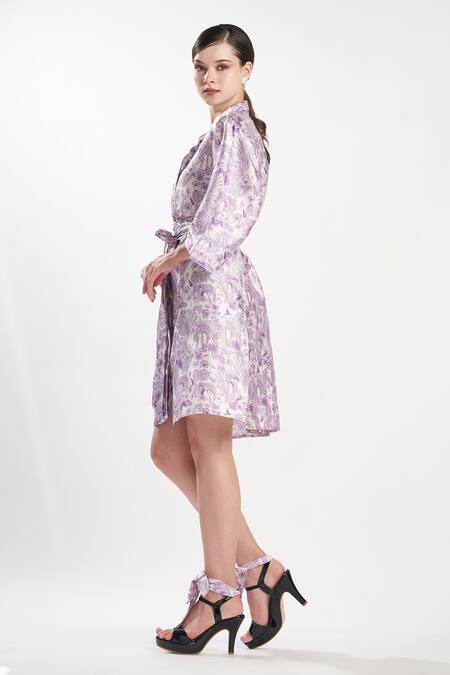 Buy_Zilaire_Purple Satin Collared Lilac Jungle Pattern Shirt Dress _Online_at_Aza_Fashions