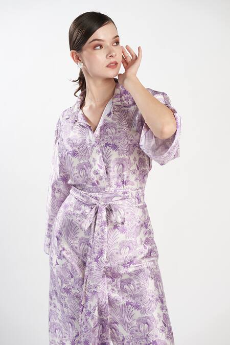 Shop_Zilaire_Purple Satin Collared Lilac Jungle Pattern Shirt Dress _Online_at_Aza_Fashions