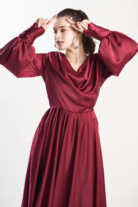 Buy_Zilaire_Wine Satin Cowl Neck Midi Dress _Online_at_Aza_Fashions