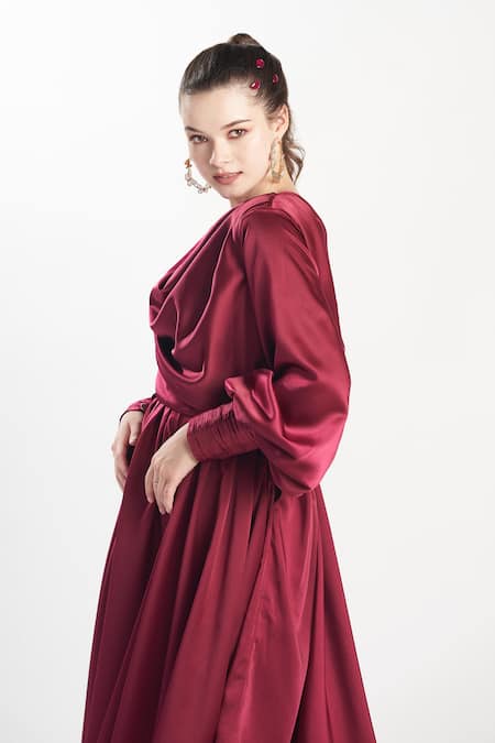 Shop_Zilaire_Wine Satin Cowl Neck Midi Dress _Online_at_Aza_Fashions