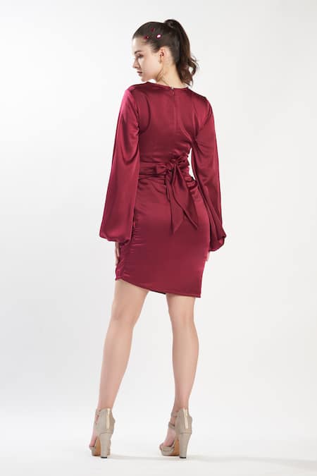 Zilaire Wine Satin Solid Pleated Dress 