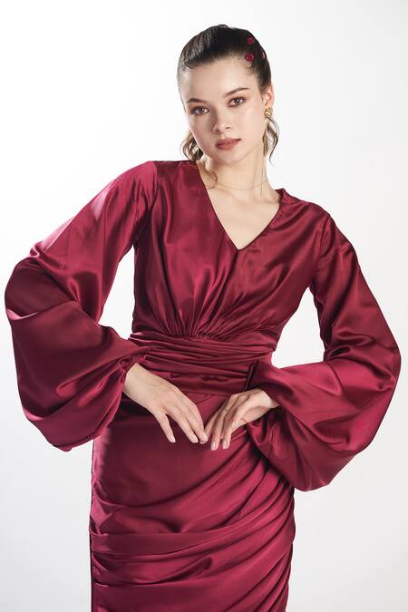 Shop_Zilaire_Wine Satin V-neck Solid Pleated Dress _Online_at_Aza_Fashions
