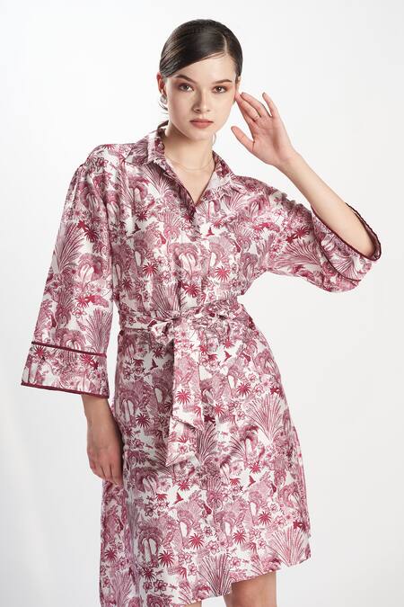 Buy_Zilaire_Wine Satin Collared Beach Print Shirt Dress _Online_at_Aza_Fashions