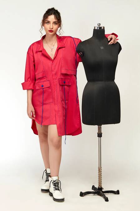 Zilaire_Pink Cotton Embroidery Collared Asymmetric Shirt Dress With Tassels _Online_at_Aza_Fashions