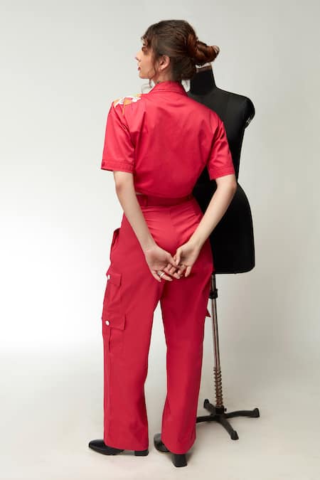 Zilaire Pink Embroidered Crop Shirt & Cargo Pant Set 