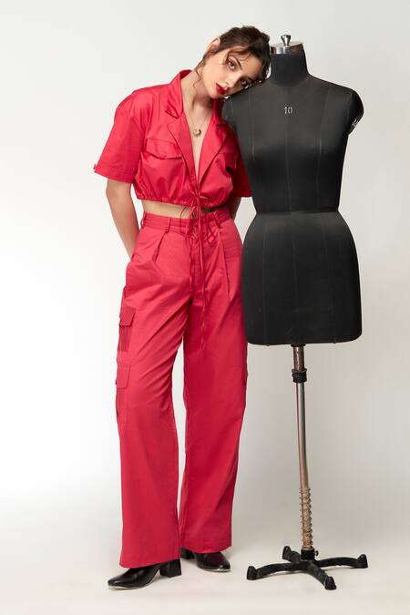 Buy_Zilaire_Pink Cotton Sequins, Beads, Patchwork Embroidered Crop Shirt And Cargo Pant Set _Online_at_Aza_Fashions