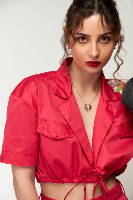 Shop_Zilaire_Pink Cotton Sequins, Beads, Patchwork Embroidered Crop Shirt And Cargo Pant Set _Online_at_Aza_Fashions