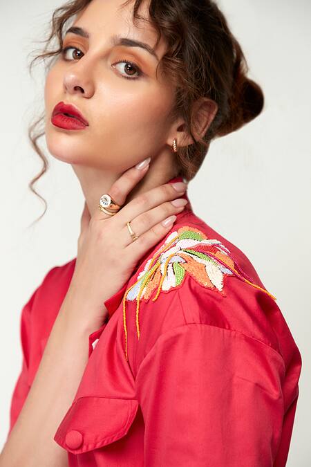 Zilaire_Pink Cotton Sequins, Beads, Patchwork Embroidered Crop Shirt And Cargo Pant Set _at_Aza_Fashions