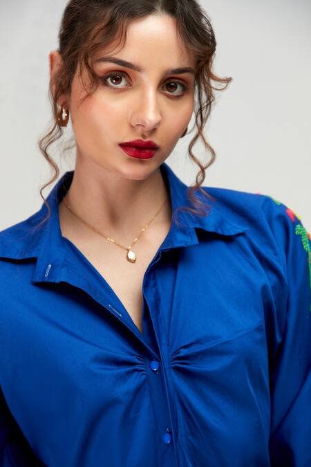 Zilaire Blue Cotton Sequins, Beads, Embroidery Collared Bubble Gum Animal Pattern Shirt Online at Aza Fashions Zilaire_Blue Cotton Sequins, Beads, Embroidery Collared Bubble Gum Animal Pattern Shirt _Online_at_Aza_Fashions