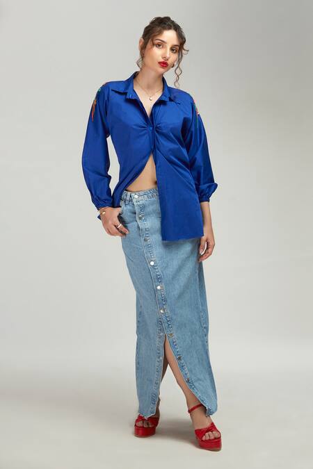 Buy Zilaire Blue Cotton Sequins, Beads, Embroidery Collared Bubble Gum Animal Pattern Shirt Online at Aza Fashions Buy_Zilaire_Blue Cotton Sequins, Beads, Embroidery Collared Bubble Gum Animal Pattern Shirt _Online_at_Aza_Fashions