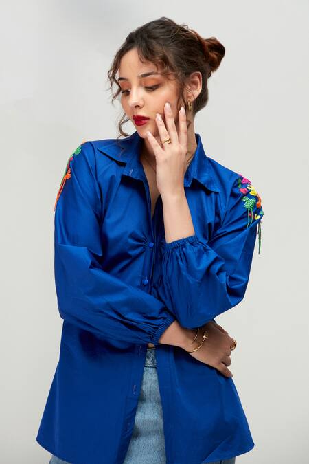 Shop Zilaire Blue Cotton Sequins, Beads, Embroidery Collared Bubble Gum Animal Pattern Shirt Online at Aza Fashions Shop_Zilaire_Blue Cotton Sequins, Beads, Embroidery Collared Bubble Gum Animal Pattern Shirt _Online_at_Aza_Fashions