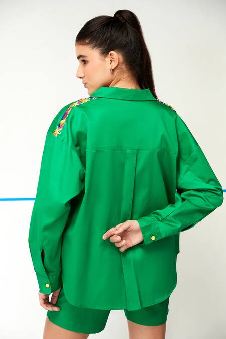 Zilaire Green Embroidered Shirt & Shorts Set 