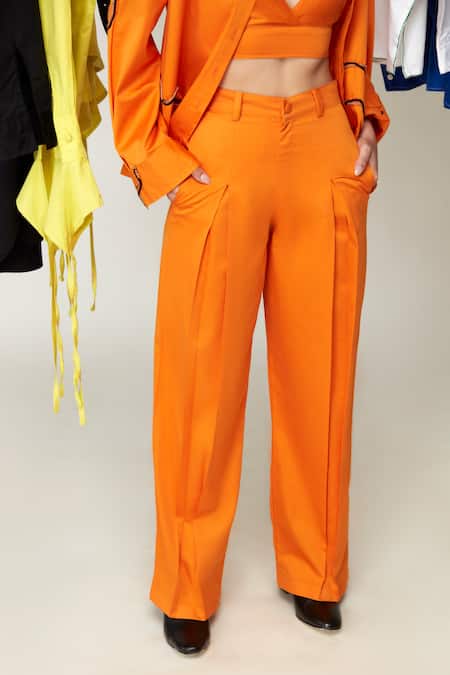 Zilaire_Orange Cotton Embroidery Shawl Neck Cord Work Shirt And Pant Set _Online_at_Aza_Fashions