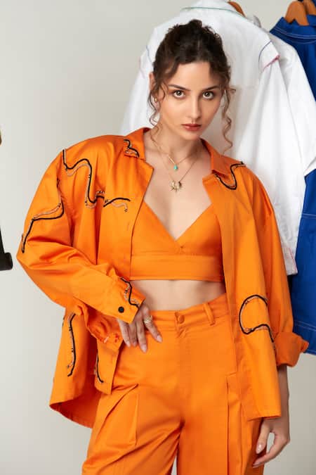 Buy_Zilaire_Orange Cotton Embroidery Shawl Neck Cord Work Shirt And Pant Set _Online_at_Aza_Fashions