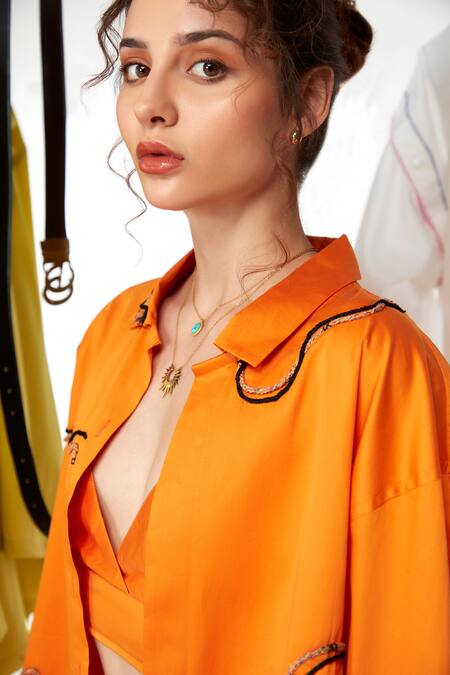 Shop_Zilaire_Orange Cotton Embroidery Shawl Neck Cord Work Shirt And Pant Set _Online_at_Aza_Fashions