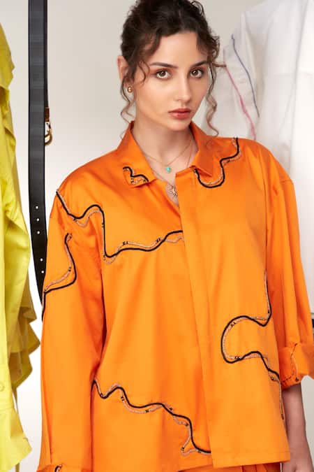 Buy_Zilaire_Orange Cotton Embroidery Shawl Neck Cord Work Shirt And Pant Set 