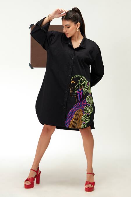 Zilaire_Black Cotton Sequins, Beads, Embroidery Collared Shirt Dress _Online_at_Aza_Fashions