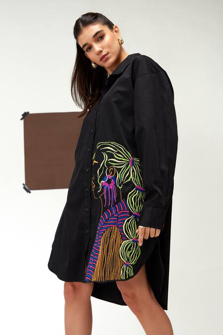 Buy_Zilaire_Black Cotton Sequins, Beads, Embroidery Collared Shirt Dress _Online_at_Aza_Fashions