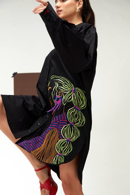 Shop_Zilaire_Black Cotton Sequins, Beads, Embroidery Collared Shirt Dress _Online_at_Aza_Fashions