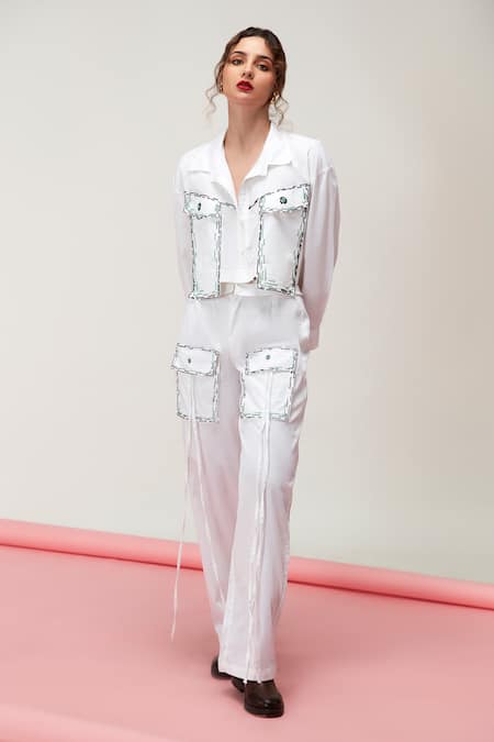 Zilaire_White Cotton Beads Embroidered Crop Shirt And Cargo Pant _Online_at_Aza_Fashions