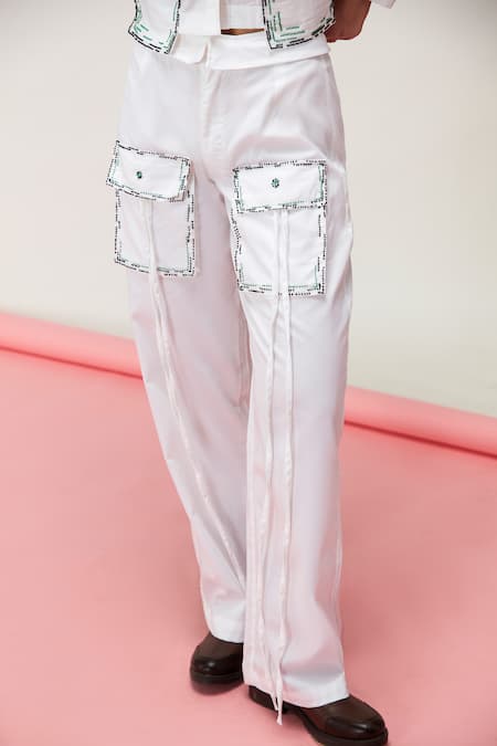 Buy_Zilaire_White Cotton Beads Embroidered Crop Shirt And Cargo Pant _Online_at_Aza_Fashions