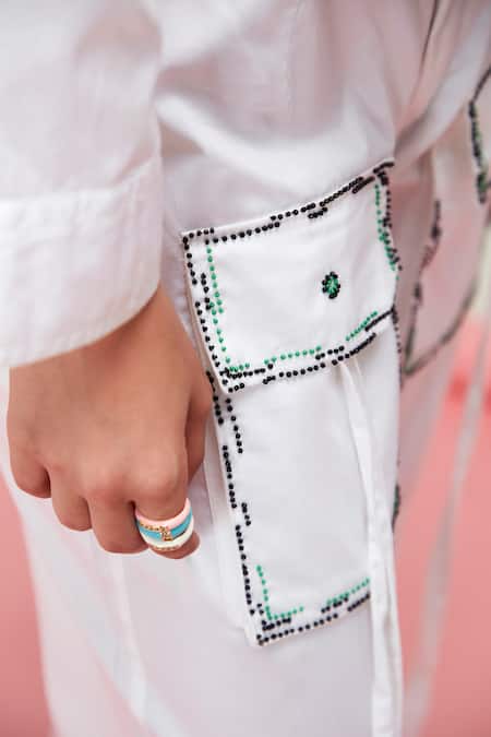 Zilaire_White Cotton Beads Embroidered Crop Shirt And Cargo Pant _at_Aza_Fashions