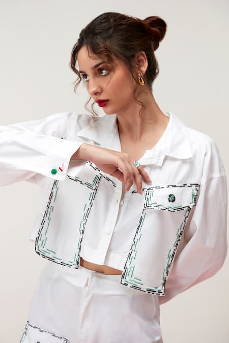 Buy_Zilaire_White Cotton Beads Embroidered Crop Shirt And Cargo Pant 