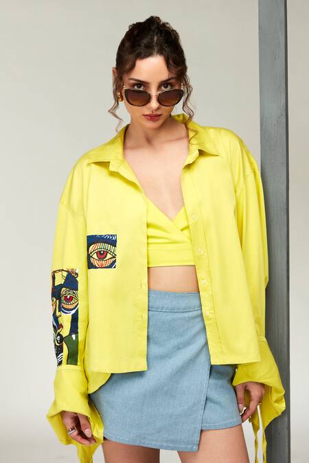 Zilaire_Yellow Cotton Shawl Neck High-low Hand Painted Shirt _Online_at_Aza_Fashions