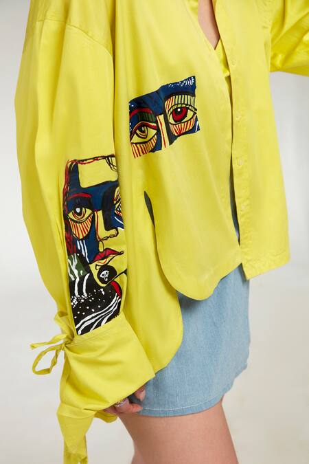 Buy_Zilaire_Yellow Cotton Shawl Neck High-low Hand Painted Shirt _Online_at_Aza_Fashions