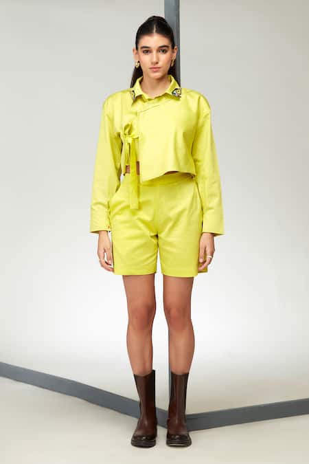 Zilaire Embroidered Patchwork Crop Shirt & Shorts Set 