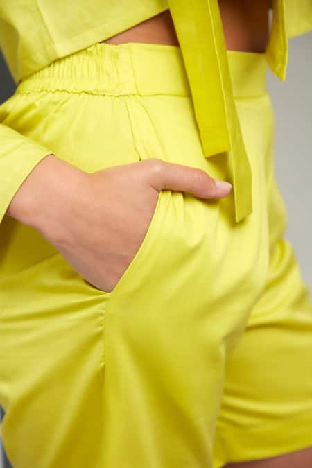 Zilaire_Yellow Cotton Sequins, Beads, Patchwork Embroidered Crop Shirt And Shorts Set _Online_at_Aza_Fashions