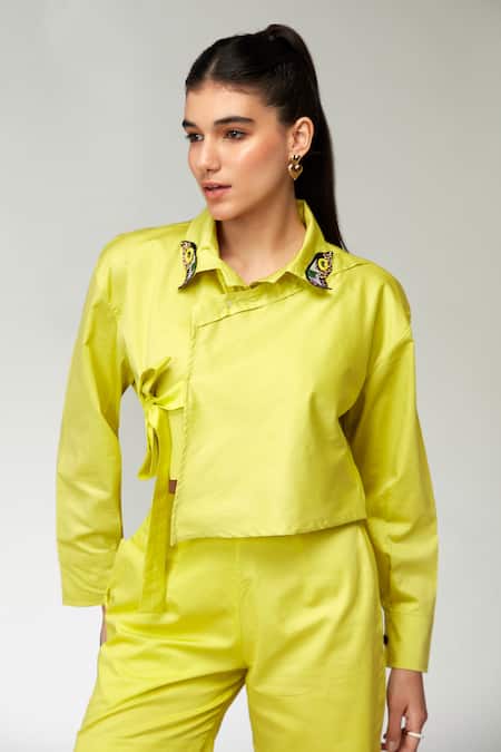 Buy_Zilaire_Yellow Cotton Sequins, Beads, Patchwork Embroidered Crop Shirt And Shorts Set _Online_at_Aza_Fashions