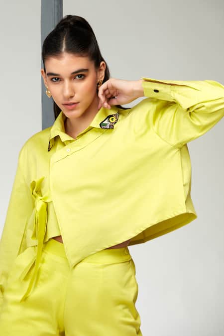 Shop_Zilaire_Yellow Cotton Sequins, Beads, Patchwork Embroidered Crop Shirt And Shorts Set _Online_at_Aza_Fashions