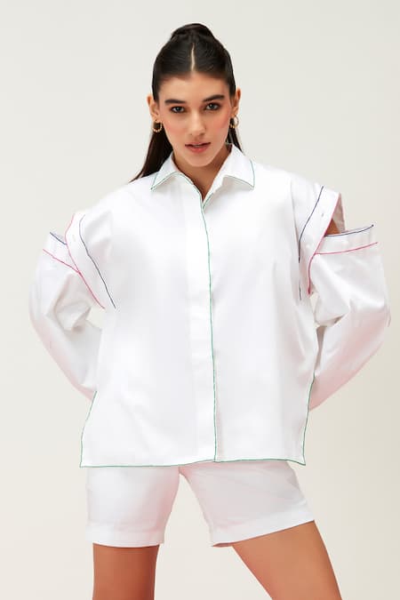 Zilaire_White Cotton Embroidery Shawl Neck Running Stitch Shirt And Shorts Set _Online_at_Aza_Fashions