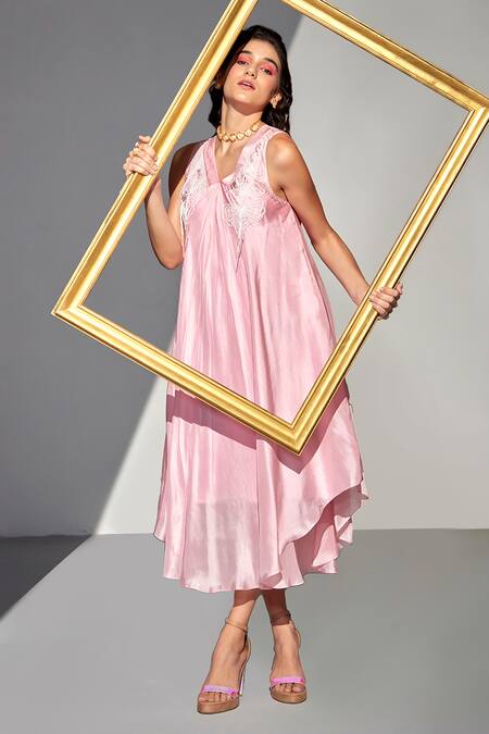 Buy_Zilaire_Pink Silk Pearls V-neck Asymmetric Embroidered Midi Dress _Online_at_Aza_Fashions