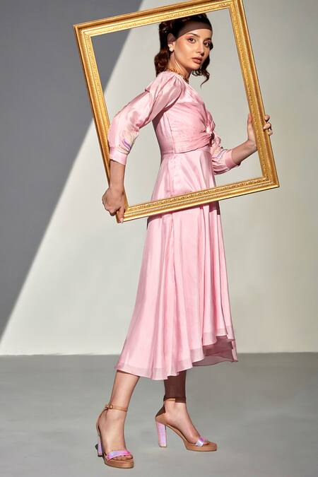 Buy_Zilaire_Pink Silk Beads V-neck Embroidered High-low Dress _Online_at_Aza_Fashions