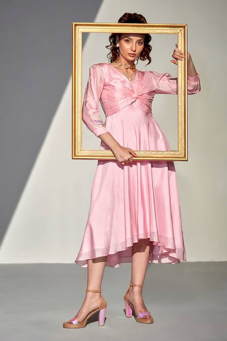 Shop_Zilaire_Pink Silk Beads V-neck Embroidered High-low Dress _Online_at_Aza_Fashions