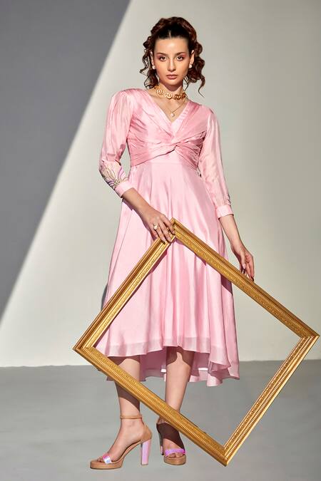 Zilaire_Pink Silk Beads V-neck Embroidered High-low Dress _at_Aza_Fashions