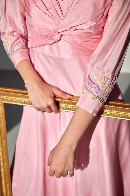 Buy_Zilaire_Pink Silk Beads V-neck Embroidered High-low Dress 