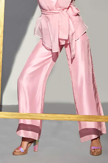 Buy_Zilaire_Pink Organza, Silk Beads Bandeau Neck Embroidered Collar Blazer Pant Set _Online_at_Aza_Fashions