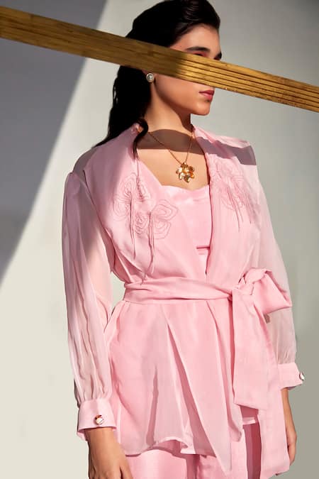 Shop_Zilaire_Pink Organza, Silk Beads Bandeau Neck Embroidered Collar Blazer Pant Set _Online_at_Aza_Fashions