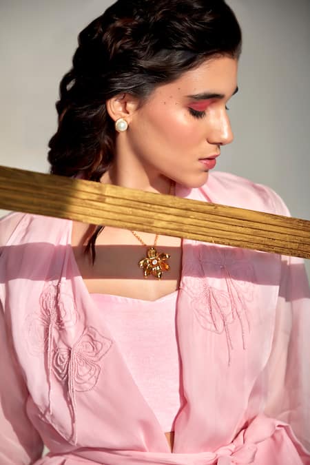 Zilaire_Pink Organza, Silk Beads Bandeau Neck Embroidered Collar Blazer Pant Set _at_Aza_Fashions