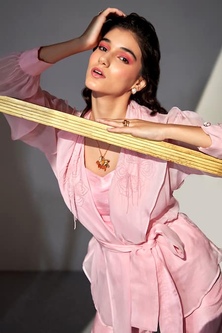 Buy_Zilaire_Pink Organza, Silk Beads Bandeau Neck Embroidered Collar Blazer Pant Set 