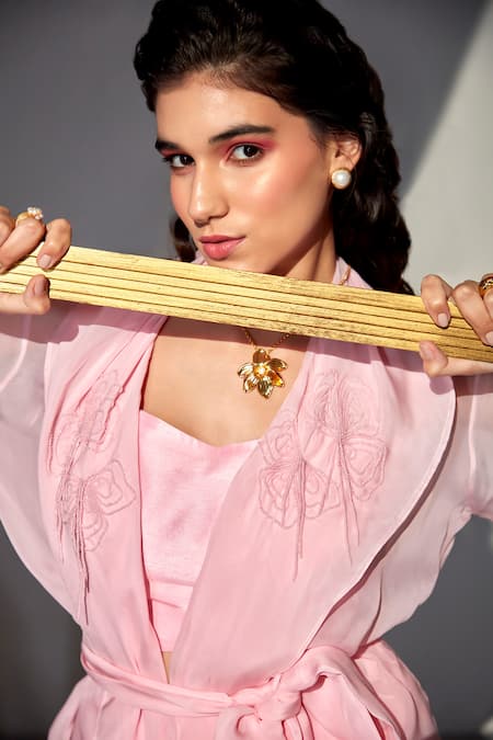 Shop_Zilaire_Pink Organza, Silk Beads Bandeau Neck Embroidered Collar Blazer Pant Set 