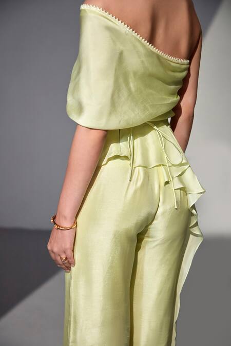 Buy_Zilaire_Green Silk Beads One Shoulder Overlap Asymmetric Top With Pant Set _Online_at_Aza_Fashions