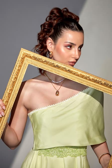 Zilaire_Green Silk Beads One Shoulder Overlap Asymmetric Top With Pant Set _at_Aza_Fashions