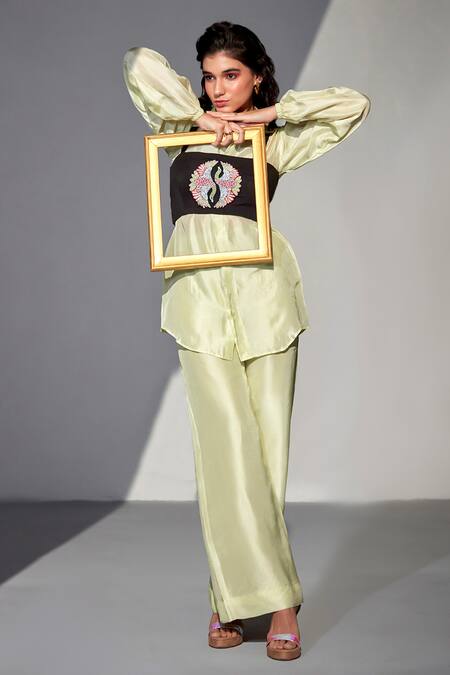 Zilaire_Green Silk, Polyester Sequins, Beads Shawl Embroidered Shirt Set With Tube Top _at_Aza_Fashions