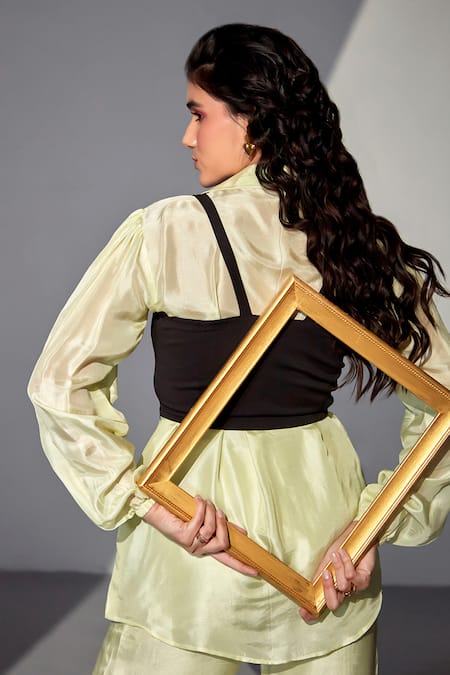 Zilaire Green Embroidered Shirt Set With Tube Top 