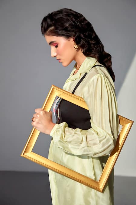 Buy_Zilaire_Green Silk, Polyester Sequins, Beads Shawl Embroidered Shirt Set With Tube Top 