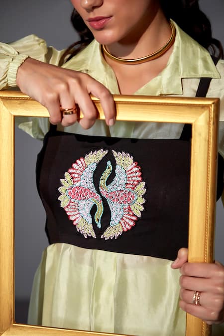 Shop_Zilaire_Green Silk, Polyester Sequins, Beads Shawl Embroidered Shirt Set With Tube Top 